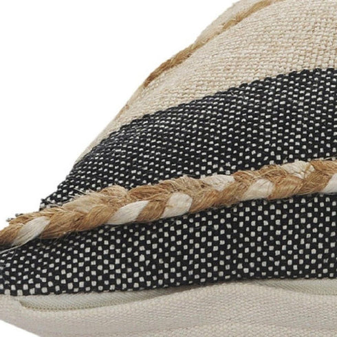 24" Black And Tan Striped Cotton And Jute Throw Pillow with Fringe