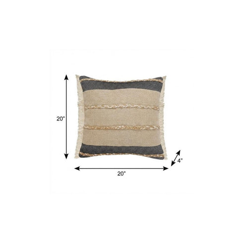 20" X 20" Beige And Ivory Jute Striped Zippered Pillow With Fringe