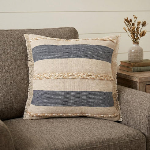 20" X 20" Denim Blue Tan And Taupe Jute Coastal Zippered Pillow