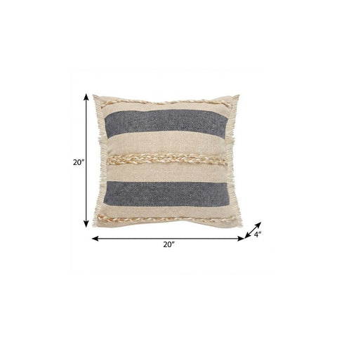 20" X 20" Denim Blue Tan And Taupe Jute Coastal Zippered Pillow