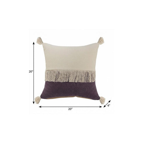 20" X 20" Purple And Off-White 100% Cotton Zippered Pillow
