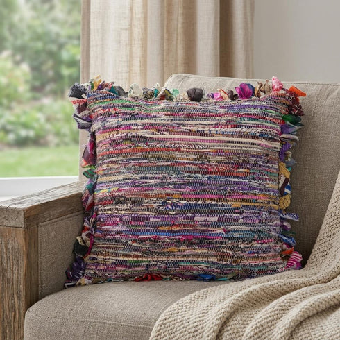 26" Blue and Red Throw Pillow with Fringe