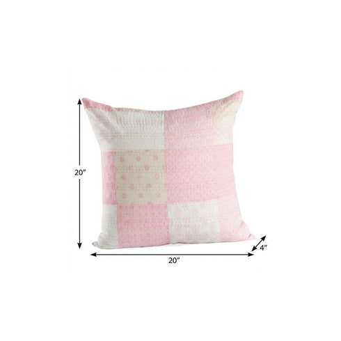 20" Pink And Off White Patchwork Cotton Throw Pillow