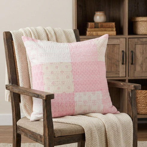 20" Pink And Off White Patchwork Cotton Throw Pillow