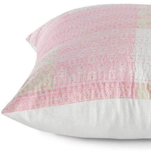 20" Pink And Off White Patchwork Cotton Throw Pillow
