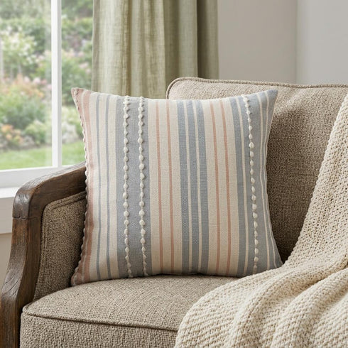 20" X 20" White Blue Gray And Tan 100% Cotton Striped Zippered Pillow
