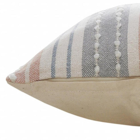 20" X 20" White Blue Gray And Tan 100% Cotton Striped Zippered Pillow