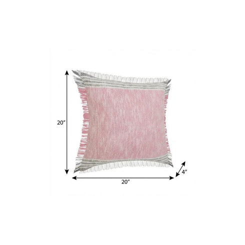 20" X 20" Pink Gray And White 100% Cotton Striped Zippered Pillow