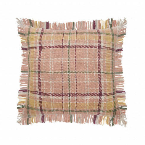 20" Pink And Yellow Cotton Plaid Throw Pillow with Fringe