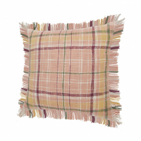 20" Pink And Yellow Cotton Plaid Throw Pillow with Fringe