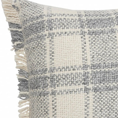 20" X 20" White And Gray-Blue Polyester Plaid Zippered Pillow