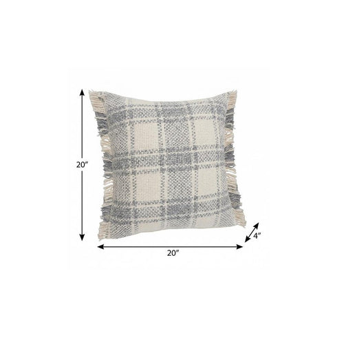 20" X 20" White And Gray-Blue Polyester Plaid Zippered Pillow