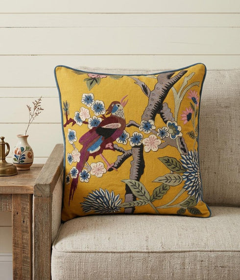 20" Yellow And Blue Bird Floral Throw Pillow with Embroidery