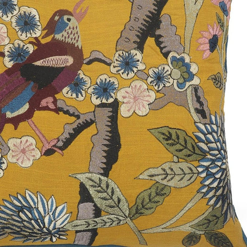 20" Yellow And Blue Bird Floral Throw Pillow with Embroidery