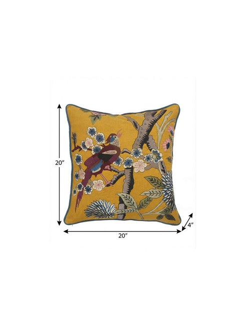 20" Yellow And Blue Bird Floral Throw Pillow with Embroidery