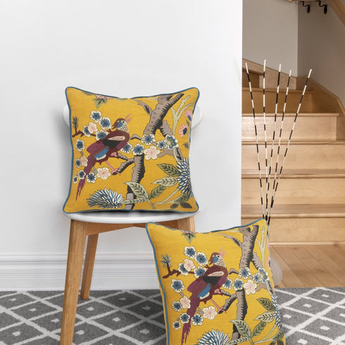 20" Yellow And Blue Bird Floral Throw Pillow with Embroidery
