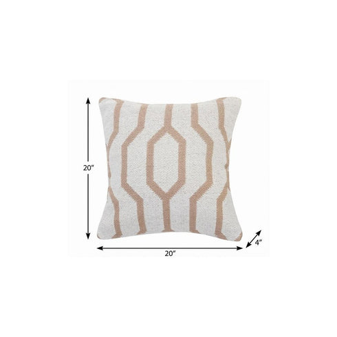 20" X 20" White And Tan 100% Cotton Geometric Zippered Pillow