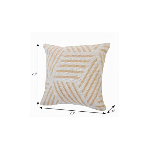 20" X 20" Tan And White 100% Cotton Geometric Zippered Pillow