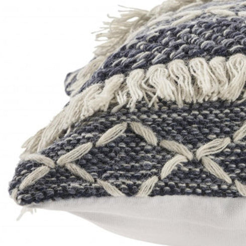 20" X 20" Navy And Ivory 100% Wool Geometric Zippered Pillow