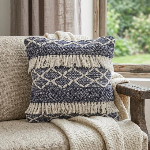 20" X 20" Navy And Ivory 100% Wool Geometric Zippered Pillow
