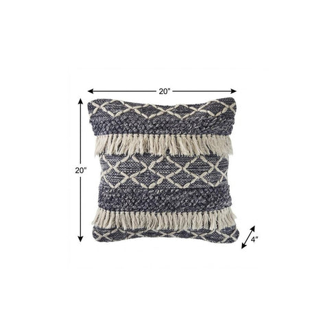 20" X 20" Navy And Ivory 100% Wool Geometric Zippered Pillow