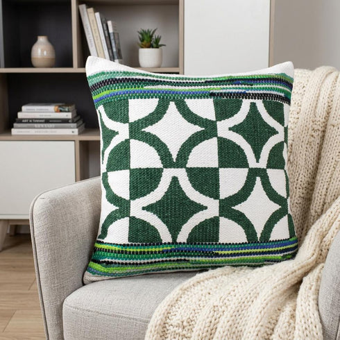 20" Green and White Cotton Throw Pillow
