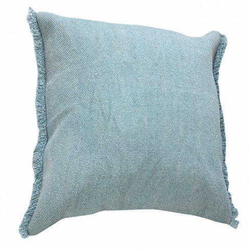 20" Light Blue Cotton Throw Pillow with Fringe