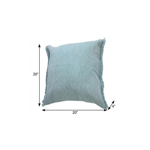 20" Light Blue Cotton Throw Pillow with Fringe