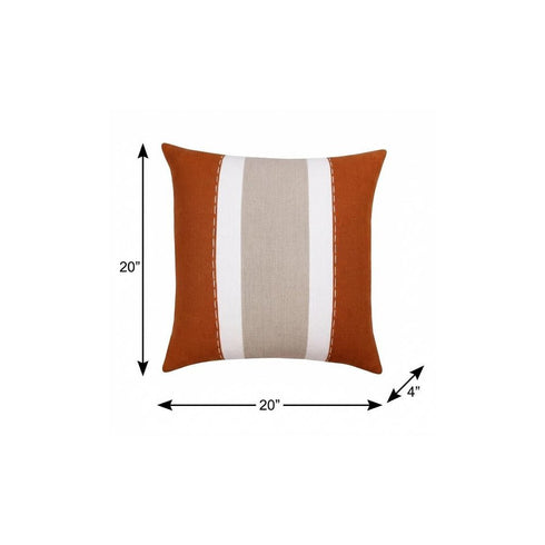 20" X 20" Rust And Gray Linen Striped Zippered Pillow