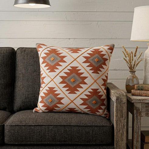 20" X 20" Rust And Off-White 100% Cotton Geometric Zippered Pillow