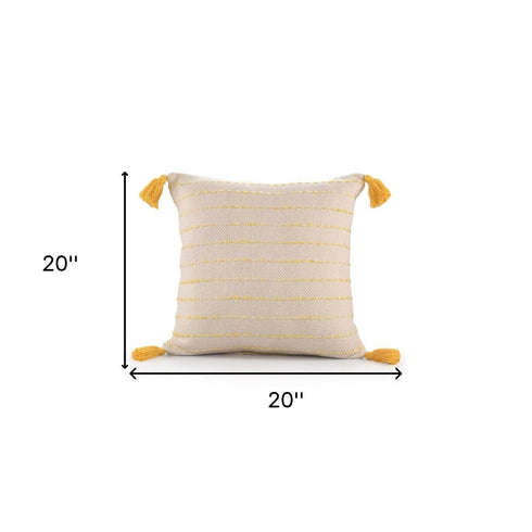 20" X 20" Golden Yellow And Ivory 100% Cotton Striped Zippered Pillow