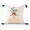 20" White Navy Blue And Yellow Fabric The sea is my happy place Text Throw Pillow with Tassels