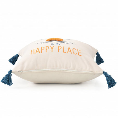 20" White Navy Blue And Yellow Fabric The sea is my happy place Text Throw Pillow with Tassels