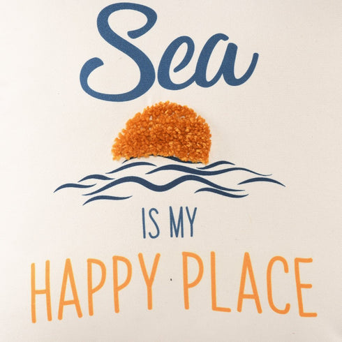 20" White Navy Blue And Yellow Fabric The sea is my happy place Text Throw Pillow with Tassels