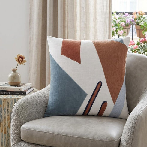 24" Blue and Off White Abstract Cotton Throw Pillow