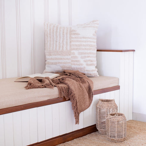 22" Beige and White Geometric Cotton Throw Pillow With Texture