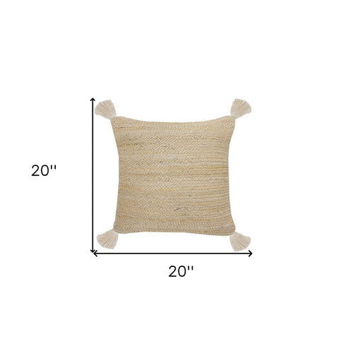 20" X 20" Tan And Beige Jute Zippered Pillow