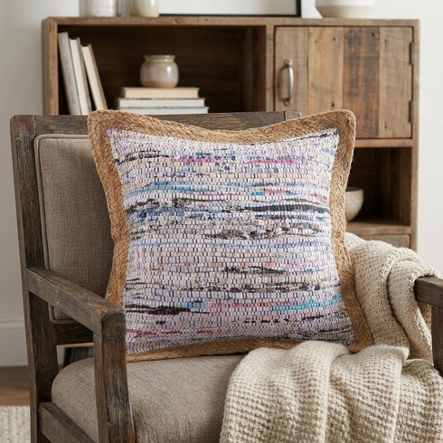 20" X 20" Tan Pastel Blue And Pastel Yellow 100% Cotton Geometric Zippered Pillow