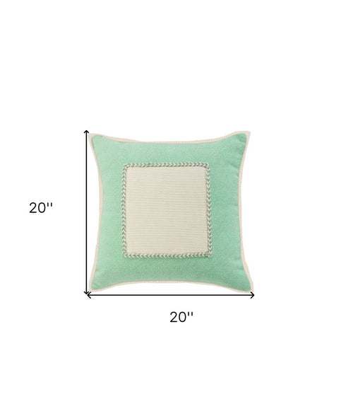 20" X 20" Pastel Green And Cream 100% Cotton Zippered Pillow