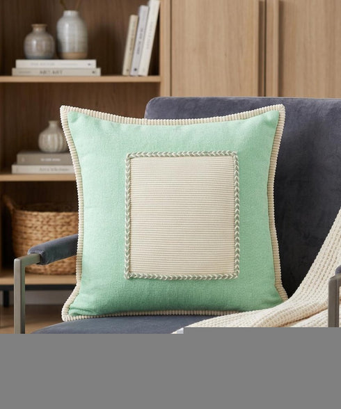 20" X 20" Pastel Green And Cream 100% Cotton Zippered Pillow