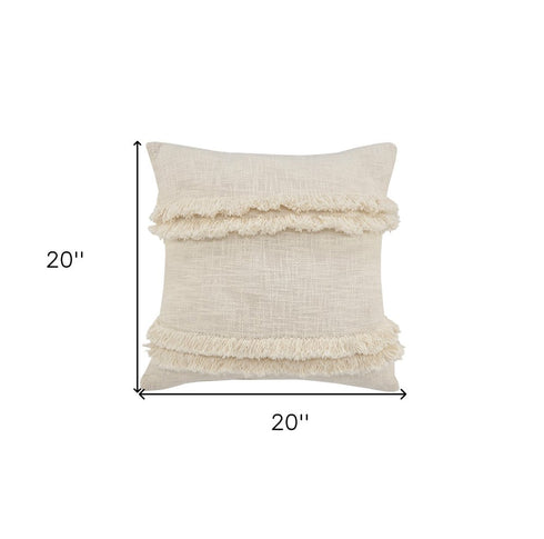 20" Cream Cotton Throw Pillow with Fringe