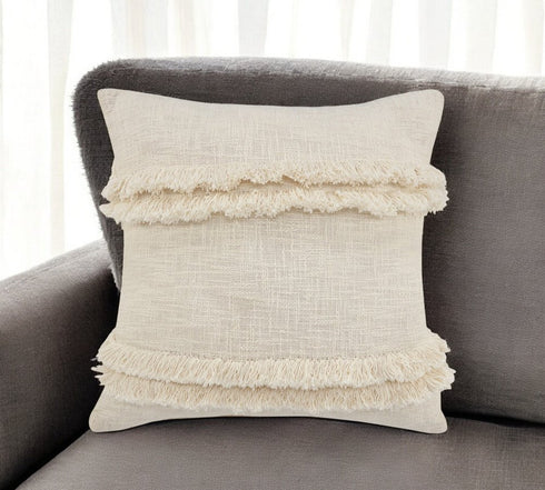 20" Cream Cotton Throw Pillow with Fringe