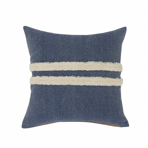 20" X 20" Dusty Blue And White 100% Cotton Striped Zippered Pillow