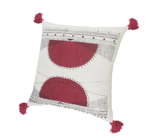 20" Black White And Burgundy Cotton Geometric Throw Pillow with Tassels