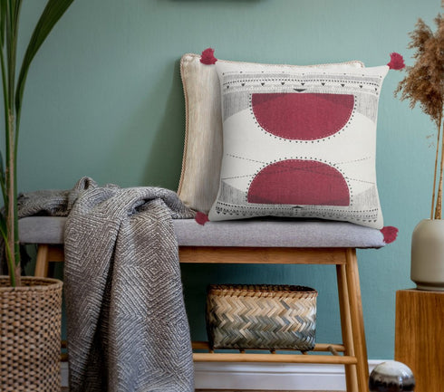 20" Black White And Burgundy Cotton Geometric Throw Pillow with Tassels