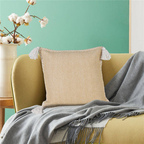 20" Brown and White Throw Pillow with Embroidery and Tassels