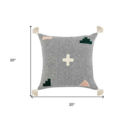 20" X 20" Black Off-White Pink And Green 100% Cotton Geometric Zippered Pillow