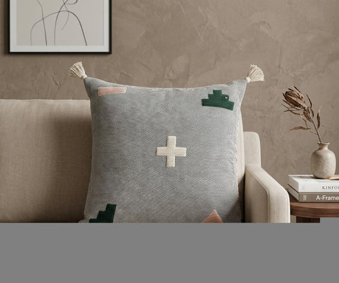 20" X 20" Black Off-White Pink And Green 100% Cotton Geometric Zippered Pillow