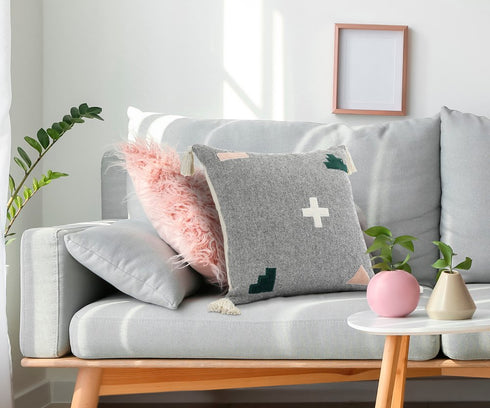 20" X 20" Black Off-White Pink And Green 100% Cotton Geometric Zippered Pillow