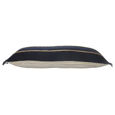 14" X 36" Navy Blue And Tan Cotton Striped Throw Pillow with Fringe